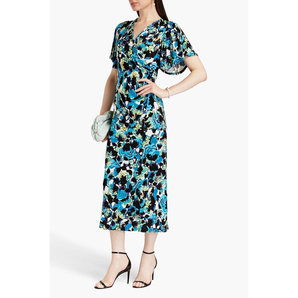 Diane von Furstenberg Zetna Midi Dress Blue Floral Flutter Sleeve SZ M